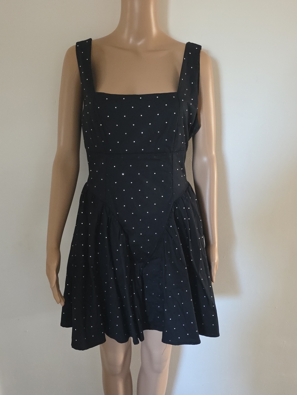 Crystal Doll Black Polka Dot Square-Neck Mini Dress